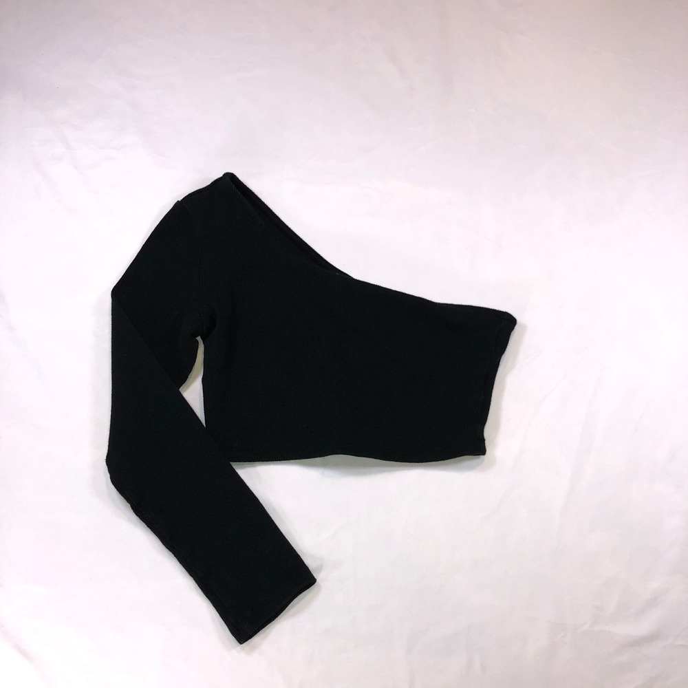 Princess Polly Black One Shoulder Ribbed Long Sleeve Crop Top US 4